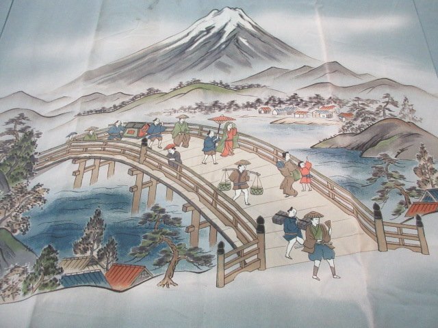 1円 中古 化繊 長襦袢 男性用 和装 浮世絵 東海道風景 葛飾北斎 おしゃれ 高級 渋カッコいい 袷 身丈127cm 裄64cm【夢職】★★の画像1