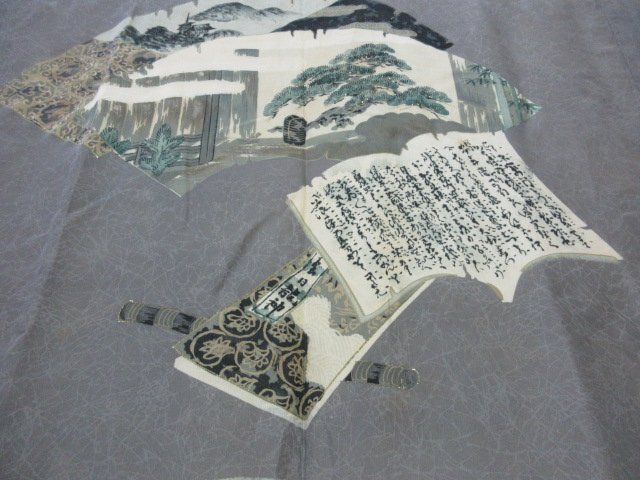 1 jpy used silk long kimono-like garment for man Japanese clothes ukiyoe booklet ground paper scenery secondhand book high class . good-looking . length 129cm.67cm[ dream job ]***