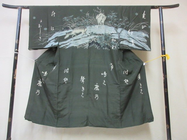 1円 中古 正絹 長襦袢 男性用 和装 浮世絵 鹿 動物 草花 高級 渋カッコいい 袷 身丈125cm 裄64cm【夢職】★★★の画像2