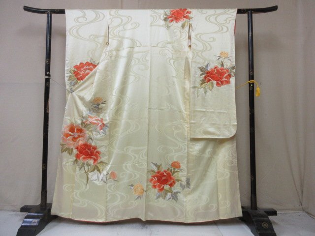 1円 中古 正絹 着物 訪問着 縮緬 式典 和装 刺繍 牡丹 草花 花柄 流水 高級 袷 身丈153cm 裄62cm 【夢職】★★★の画像1