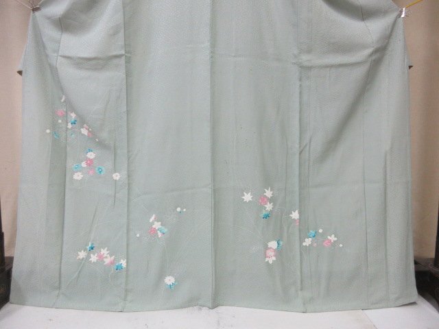 1 иен б/у натуральный шелк кимоно выходной костюм .. тип . японский костюм зеленый ветка лист ветка цветок . лист клен высококлассный . длина 159cm.62cm[ сон работа ]**