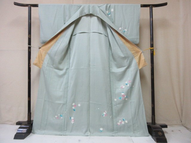 1 иен б/у натуральный шелк кимоно выходной костюм .. тип . японский костюм зеленый ветка лист ветка цветок . лист клен высококлассный . длина 159cm.62cm[ сон работа ]**