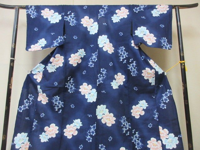 1円 良品 木綿 綿 浴衣 祭り 花火 和装 和服 紺 花柄 暈し グラデーション お洒落 可愛い 身丈160cm 裄68cm【夢職】★★★