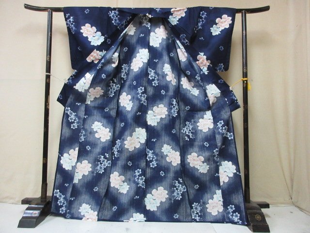 1円 良品 木綿 綿 浴衣 祭り 花火 和装 和服 紺 花柄 暈し グラデーション お洒落 可愛い 身丈160cm 裄68cm【夢職】★★★