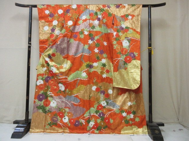 1 jpy superior article silk kimono long-sleeved kimono .. type . Japanese clothes gold piece embroidery floral print .... shape high class . length 162cm.65cm * excellent article *[ dream job ]****