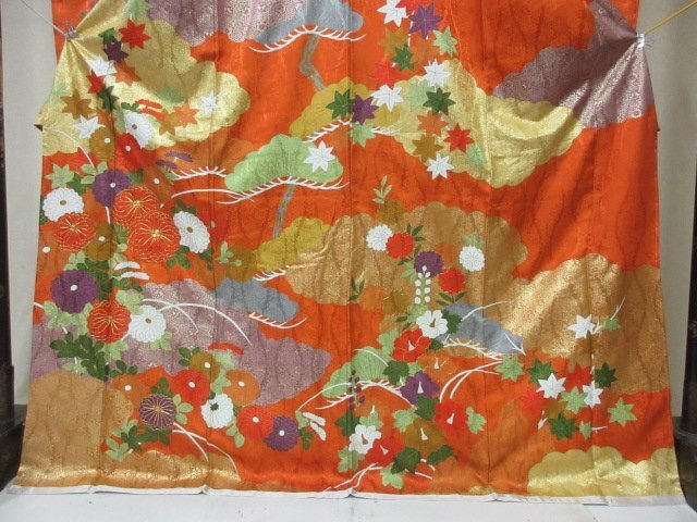 1 jpy superior article silk kimono long-sleeved kimono .. type . Japanese clothes gold piece embroidery floral print .... shape high class . length 162cm.65cm * excellent article *[ dream job ]****
