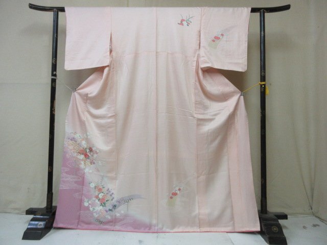 1 иен хорошая вещь натуральный шелк кимоно выходной костюм .. тип . японский костюм .... вода веер цветочный принт . длина 159cm.64cm * замечательная вещь *[ сон работа ]****