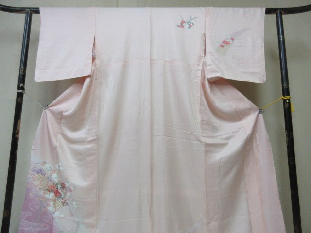 1 иен хорошая вещь натуральный шелк кимоно выходной костюм .. тип . японский костюм .... вода веер цветочный принт . длина 159cm.64cm * замечательная вещь *[ сон работа ]****