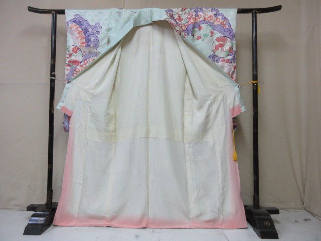 1 jpy superior article silk kimono long-sleeved kimono .. type . Japanese clothes Japanese clothes light blue Hanamaru wave floral print flower Tang . high class . length 157cm.64cm * excellent article *[ dream job ]****