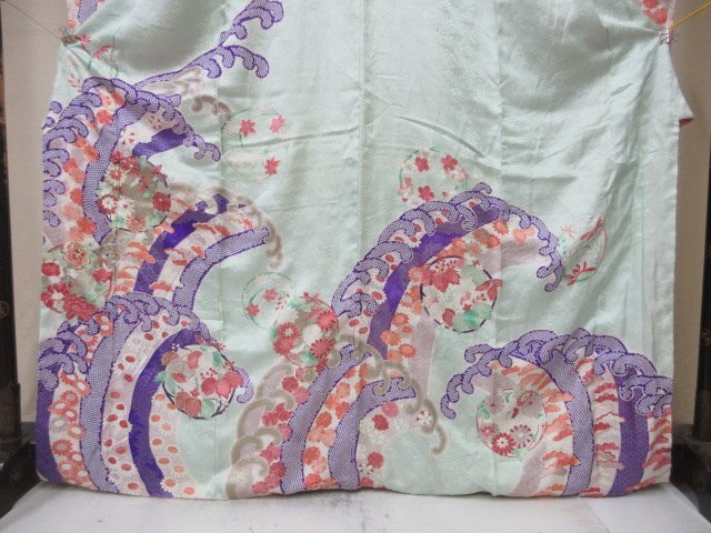 1 jpy superior article silk kimono long-sleeved kimono .. type . Japanese clothes Japanese clothes light blue Hanamaru wave floral print flower Tang . high class . length 157cm.64cm * excellent article *[ dream job ]****