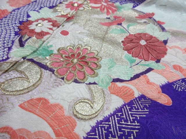 1 jpy superior article silk kimono long-sleeved kimono .. type . Japanese clothes Japanese clothes light blue Hanamaru wave floral print flower Tang . high class . length 157cm.64cm * excellent article *[ dream job ]****