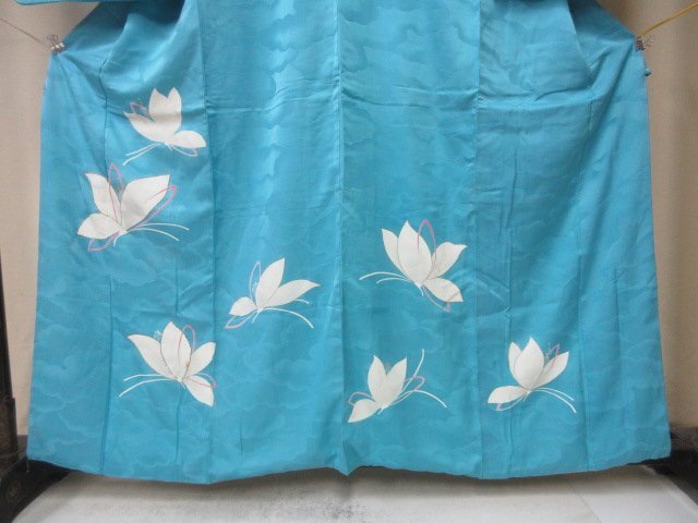 1 jpy superior article .. kimono visit wear ... type . Japanese clothes antique light blue gold piece embroidery butterfly high class . length 150cm.62cm[ dream job ]***
