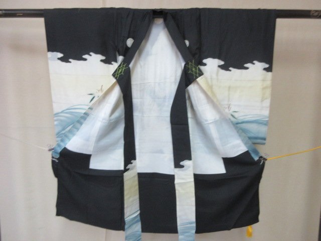 1 jpy superior article silk child kimono for boy production put on underskirt set The Seven-Five-Three Festival Japanese clothes black antique hawk pine Mt Fuji good-looking . length 98cm[ dream job ]***