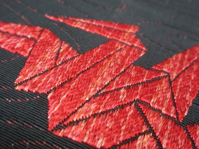 1 иен хорошая вещь натуральный шелк Nagoya obi obi земля ткань японский костюм японская одежда античный подлинный . передний Hakata тканый чёрный . журавль . модный длина 390cm[ сон работа ]***