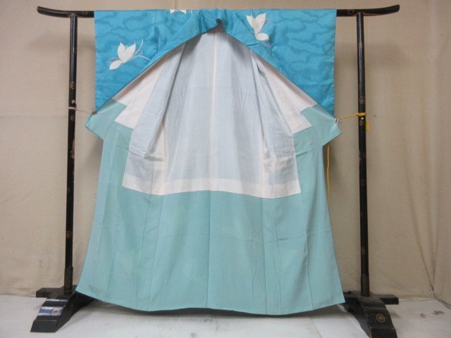 1 jpy superior article .. kimono visit wear ... type . Japanese clothes antique light blue gold piece embroidery butterfly high class . length 150cm.62cm[ dream job ]***