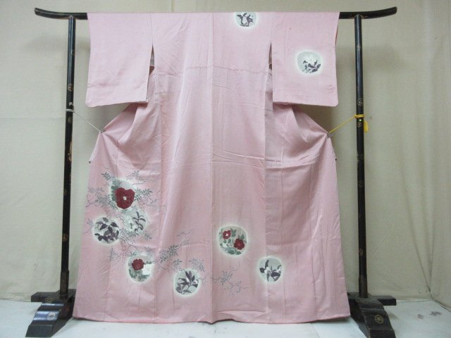 1円 中古 正絹 着物 訪問着 縮緬 式典 和装 和服 藤 牡丹 花丸 花柄 秋草 おしゃれ 高級 袷 身丈158cm 裄62cm【夢職】★★の画像1