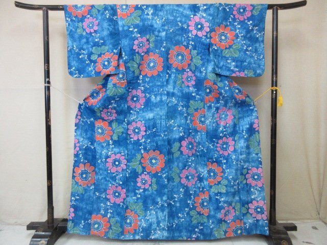 1円 良品 木綿 浴衣 アンティーク レトロ 和装 草花 向日葵 花柄 可愛い 身丈153cm 裄66cm【夢職】★★★_画像1