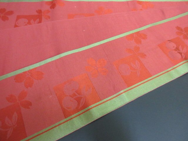 1円 良品 正絹 半幅帯 本場筑前博多織 色紙 桜吹雪 さくらんぼ 高級 お洒落 和装小物 長さ348cm【夢職】★★★_画像8