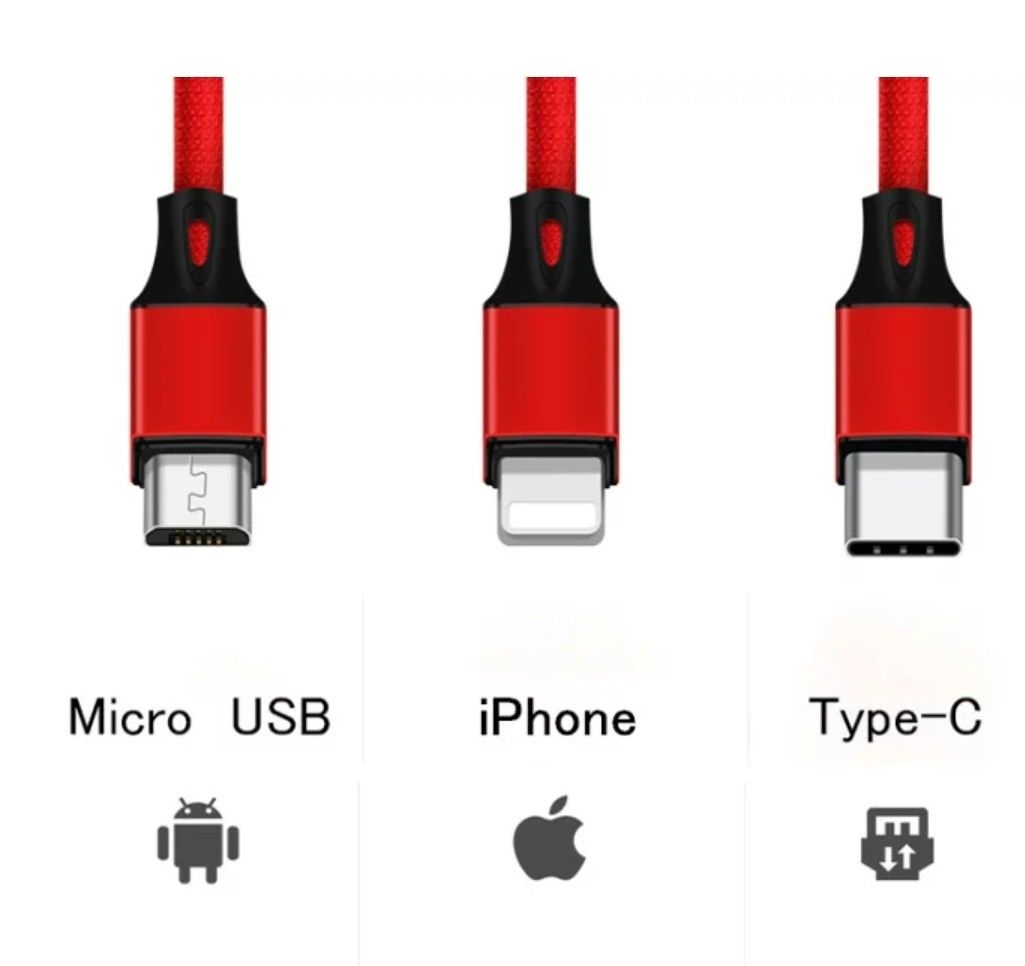 ケーブル 3in1 iPhone用 Android用  USBケーブル 急速充電ケーブル 赤