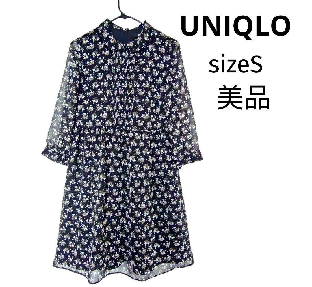 美品◆UNIQLO◆ユニクロ◆シフォンプリントワンピース◆S◆7分袖◆ブラック◆花柄◆春服◆シアースリーブ◆膝丈◆総柄◆丸襟