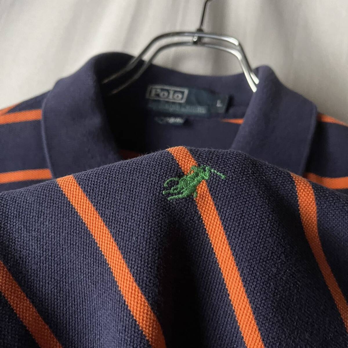 90s Polo by Ralph Lauren ラルフローレン ワンポイント ポニー刺繍 鹿子 ボーダーポロシャツ ネイビー×オレンジ L ヴィンテージ OLD_画像4