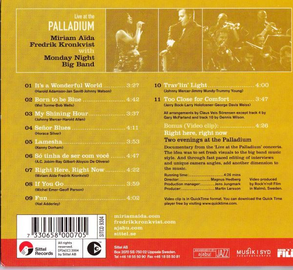CD ★Miriam Ada, Fredrik Kronkvist With Monday Night Big Band Live At The Palladium Sweden盤 (Sittel Records SITCD 9304)の画像3