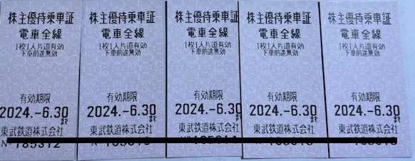 ★送料無料★東武鉄道株主優待乗車券5枚セット ★期限　2024年6月30日★_画像1