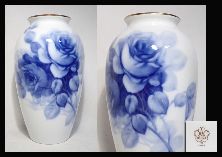 【海蛍】大倉陶園 OKURA ブルーローズ 薔薇花瓶 フラワーベース 花器 金彩 陶器 花生 花入 高さ約23cmの画像1