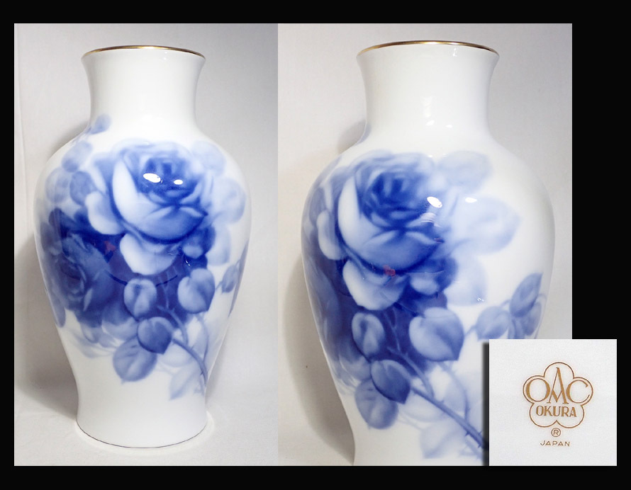 【海蛍】大倉陶園 OKURA ブルーローズ 薔薇花瓶 フラワーベース 花器 金彩 陶器 花生 花入 高さ約27.5cmの画像1