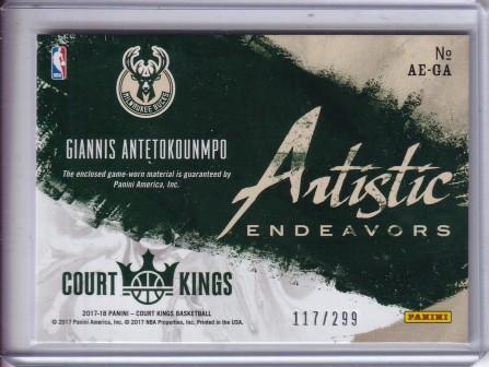 17/18 Panini Court Kings ☆Giannis Antetokounmpo/Bucks☆ 299枚限定 Artistic Endeavors Jersey Card #AE-GA_画像2