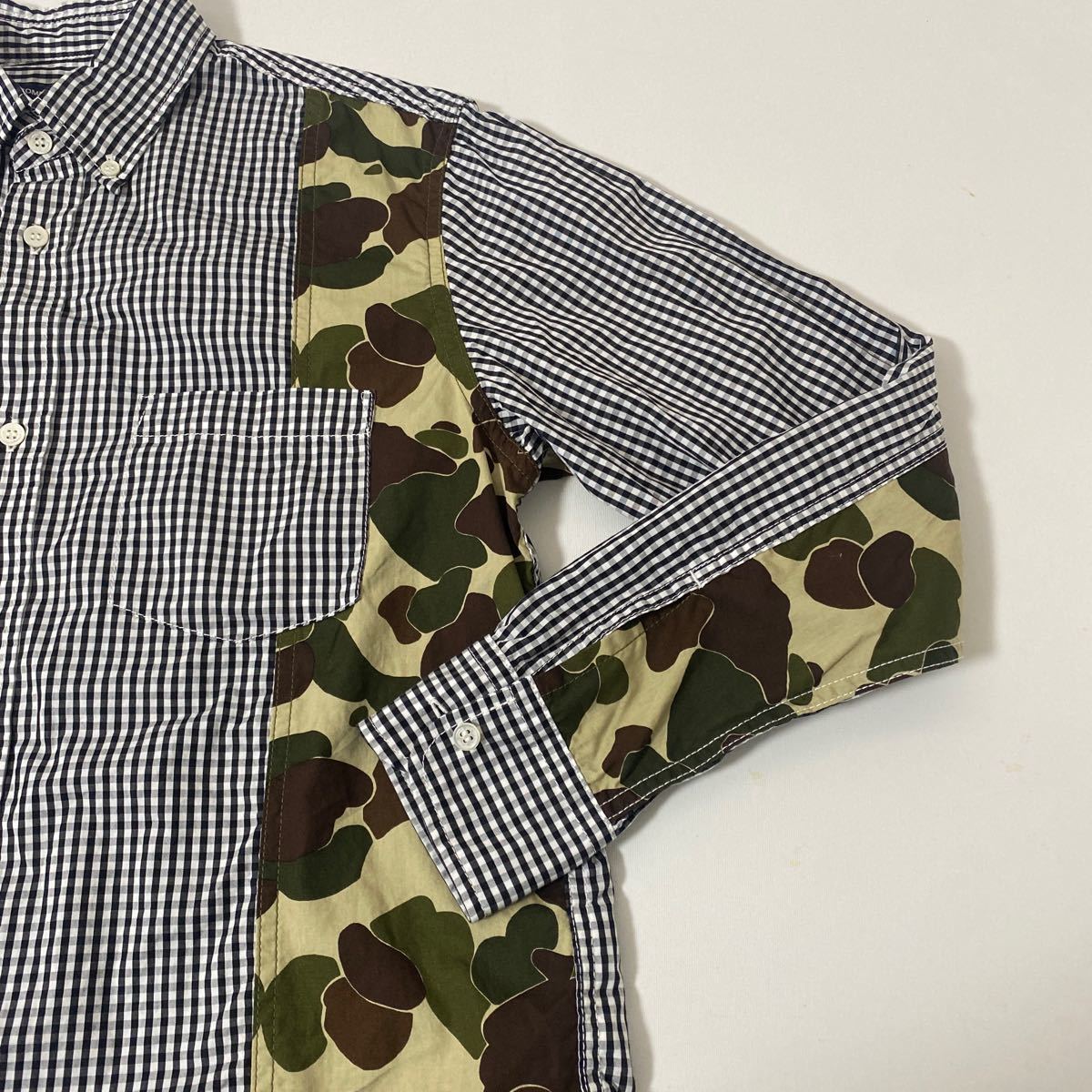 美品 AD 2021 コムデギャルソン オム ギンガム チェック 迷彩 切替 パッカリング シャツ XS COMME des GARCONS homme shirt カモ_画像6