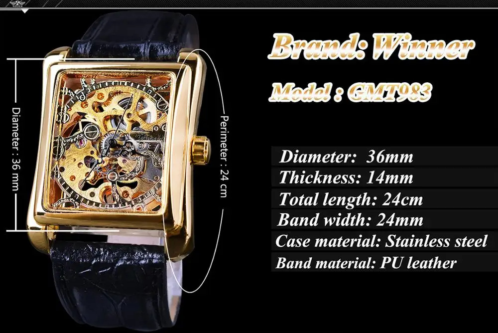 【Gold×Black】メンズ高品質腕時計 海外人気ブランド WINNER スケルトン 防水なし クォーツ式 レザーバンド_画像3