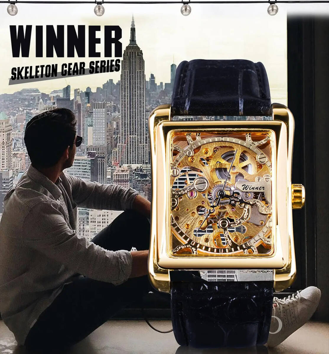 【Gold×Black】メンズ高品質腕時計 海外人気ブランド WINNER スケルトン 防水なし クォーツ式 レザーバンド_画像2