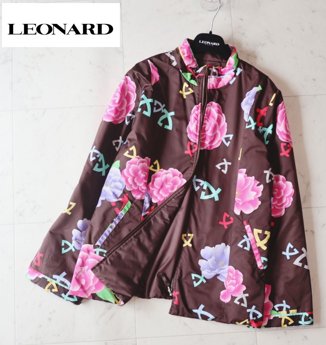 極美品★レオナール LEONARD ★春の羽織り★2wayリバーシブル★ピンクFlower 中綿コート size 42 ～L相当～ 軽量の画像1