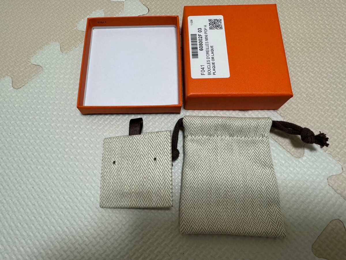 ⑫HERMES エルメス 空箱 空き箱 ピアス 1751*表記有 オレンジボックス ピアスケース 空箱 巾着セット ヘリンボーン柄