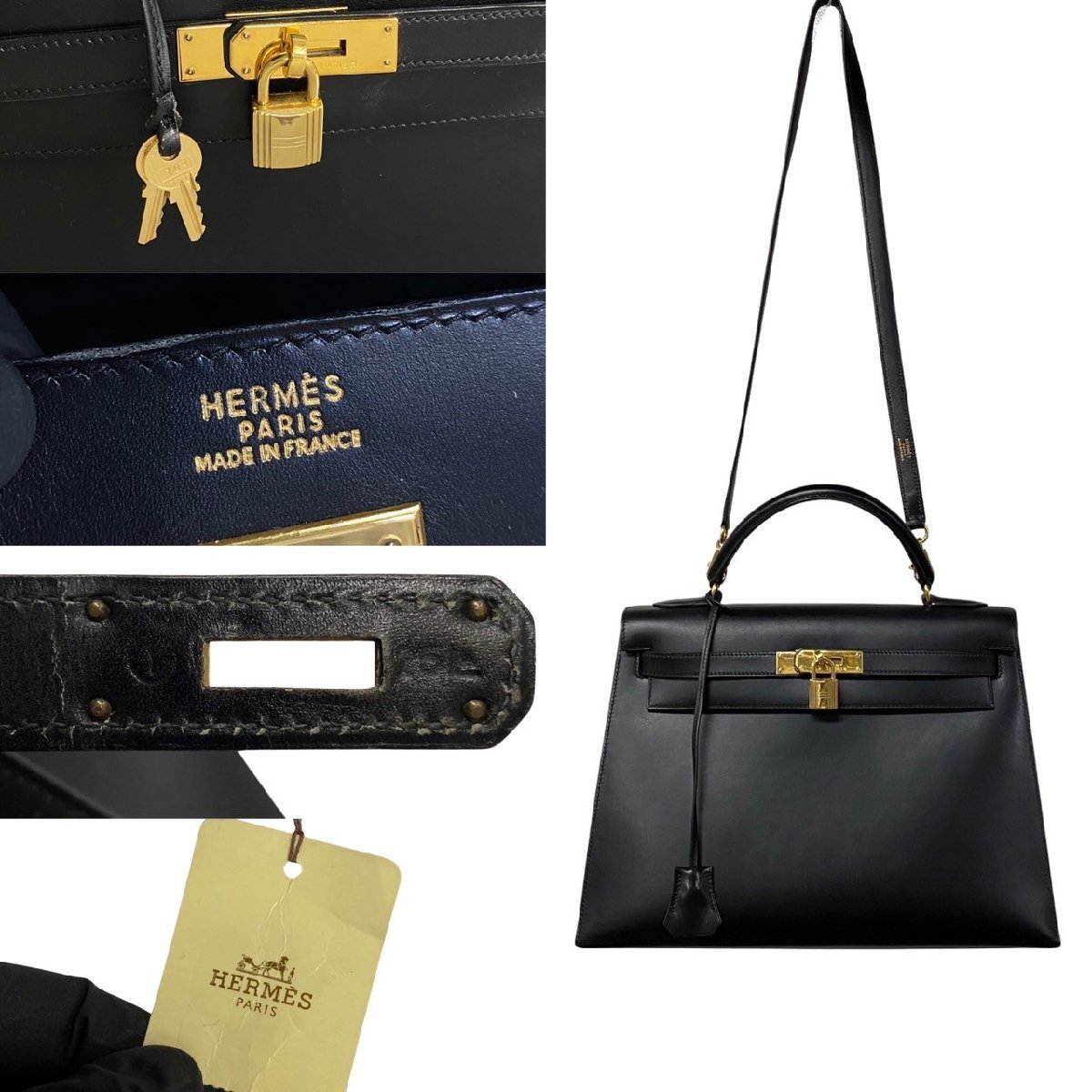 極 美品 袋付 ○Y 刻印 HERMES エルメス ヴィンテージ ケリー 32 カーフレザー 2way ハンドバッグ ショルダーバッグ ブラック 73851_画像4