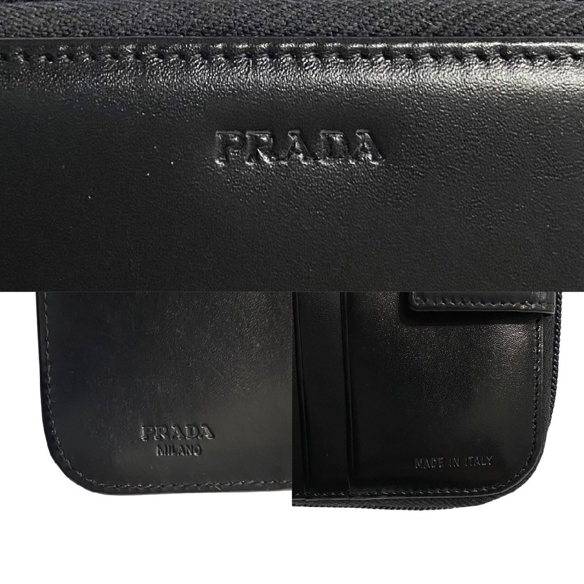 ほぼ未使用 レア品 PRADA プラダ ロゴ 刻印 カーフレザー 本革 ラウンドジップ 二つ折り 財布 ミニ ウォレット ブラック 黒 83566_画像2