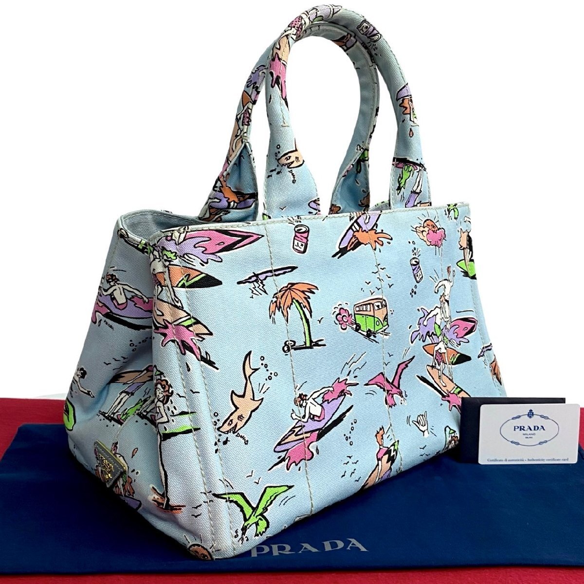 極 美品 希少品 PRADA プラダ 三角ロゴ カナパ サーフィン 柄 キャンバス ハンドバッグ トートバッグ ブルー マルチカラー 25905_画像1