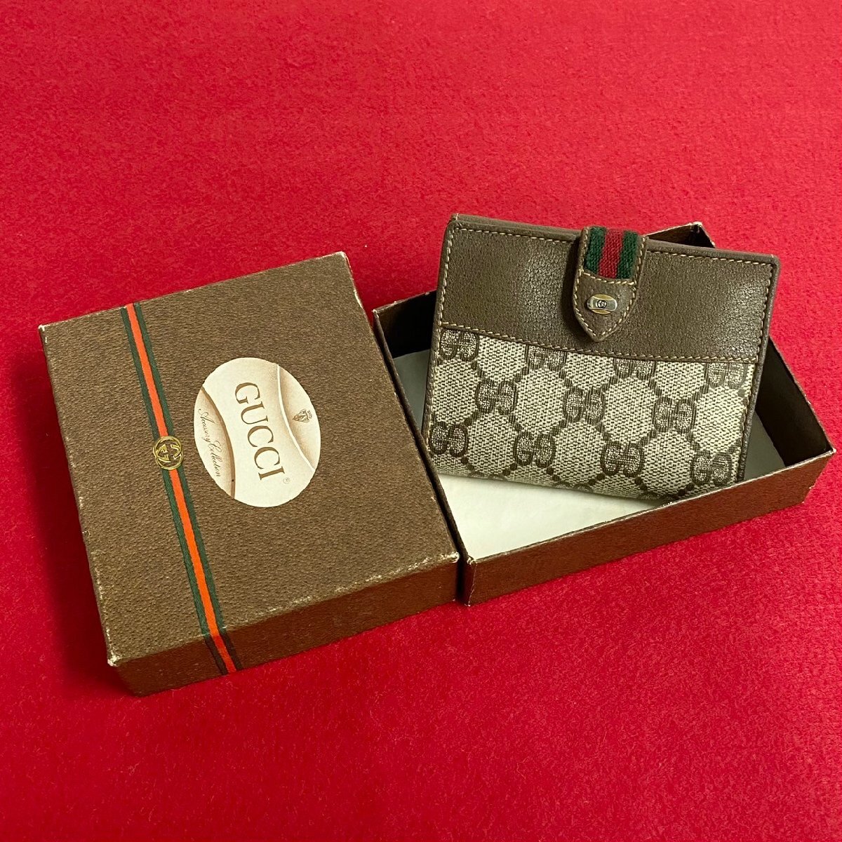 未使用保管品 箱付 GUCCI オールドグッチ グッチ ヴィンテージ シェリーライン GGモノグラム レザー 本革 二つ折り 財布 ブラウン 36202