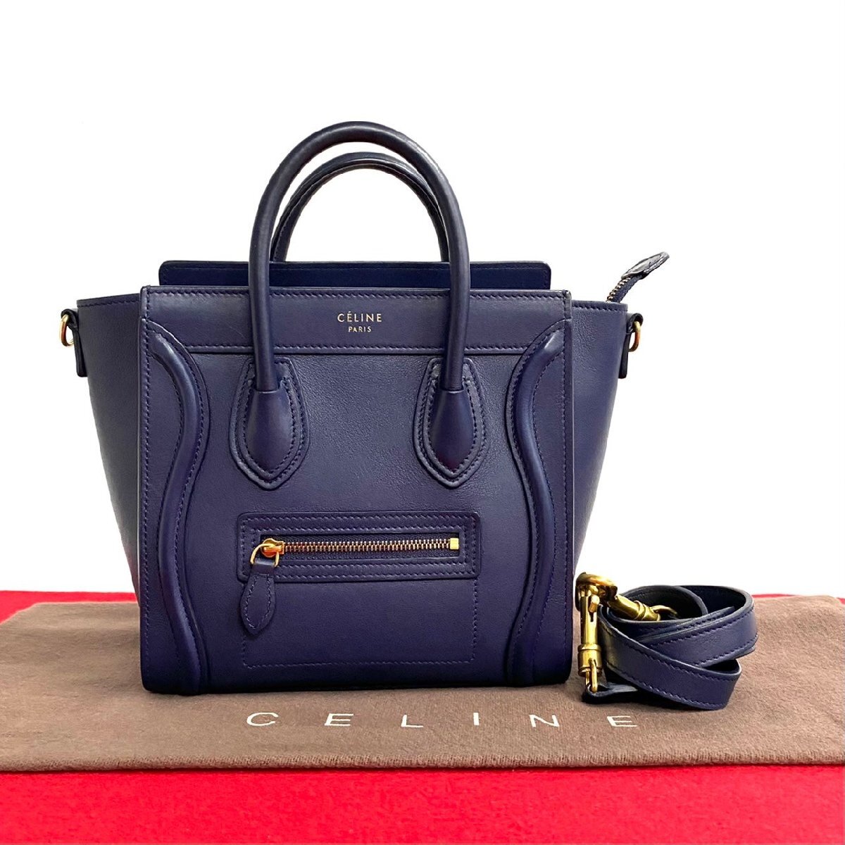 極 美品 希少品 CELINE セリーヌ ラゲージ ナノ レザー 本革 2way ハンドバッグ ミニ ショルダーバッグ ポシェット ネイビー 紺 0otk4119_画像1