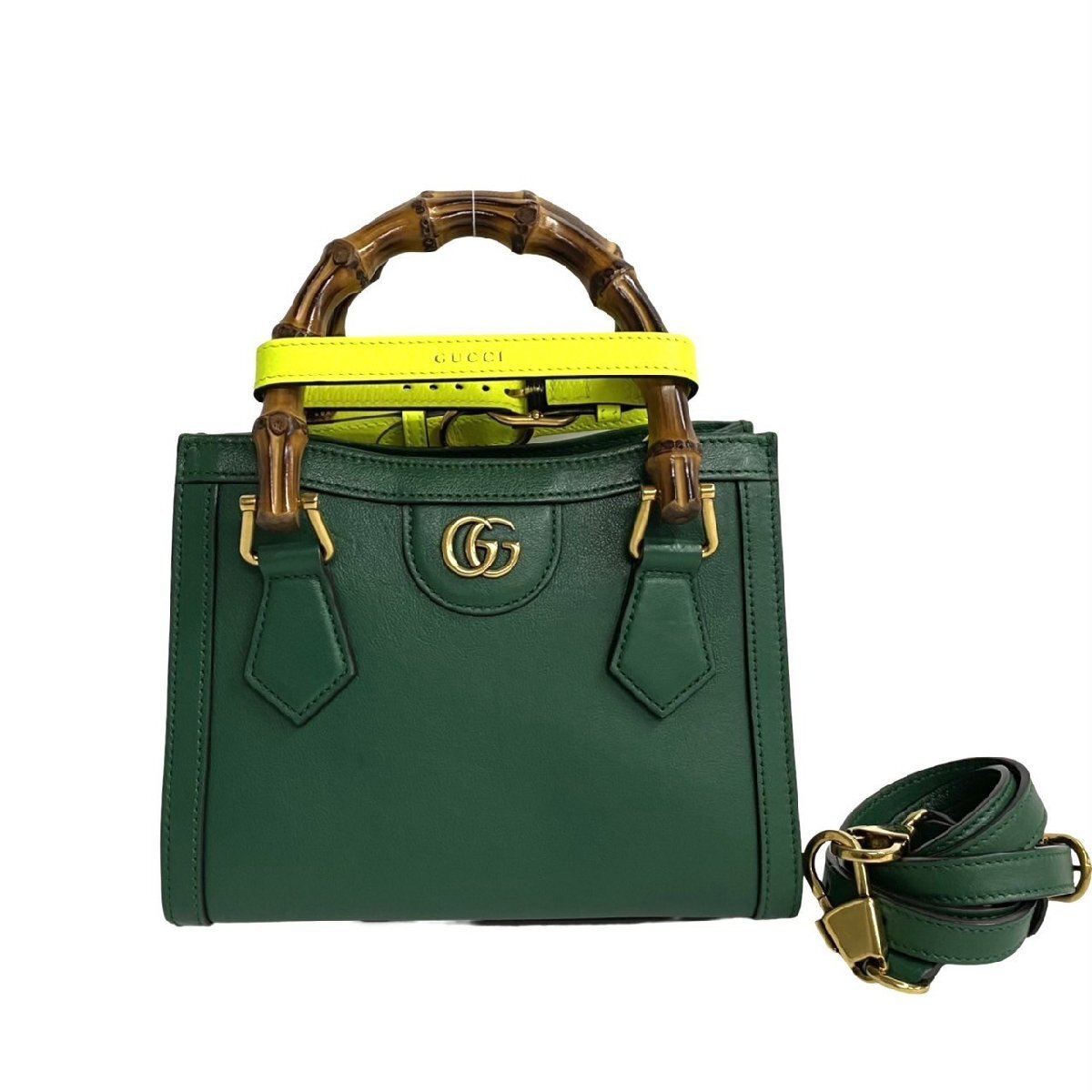  almost unused box attaching GUCCI Gucci Diana Mini tote bag bamboo leather original leather 2way handbag Mini shoulder bag green 26038