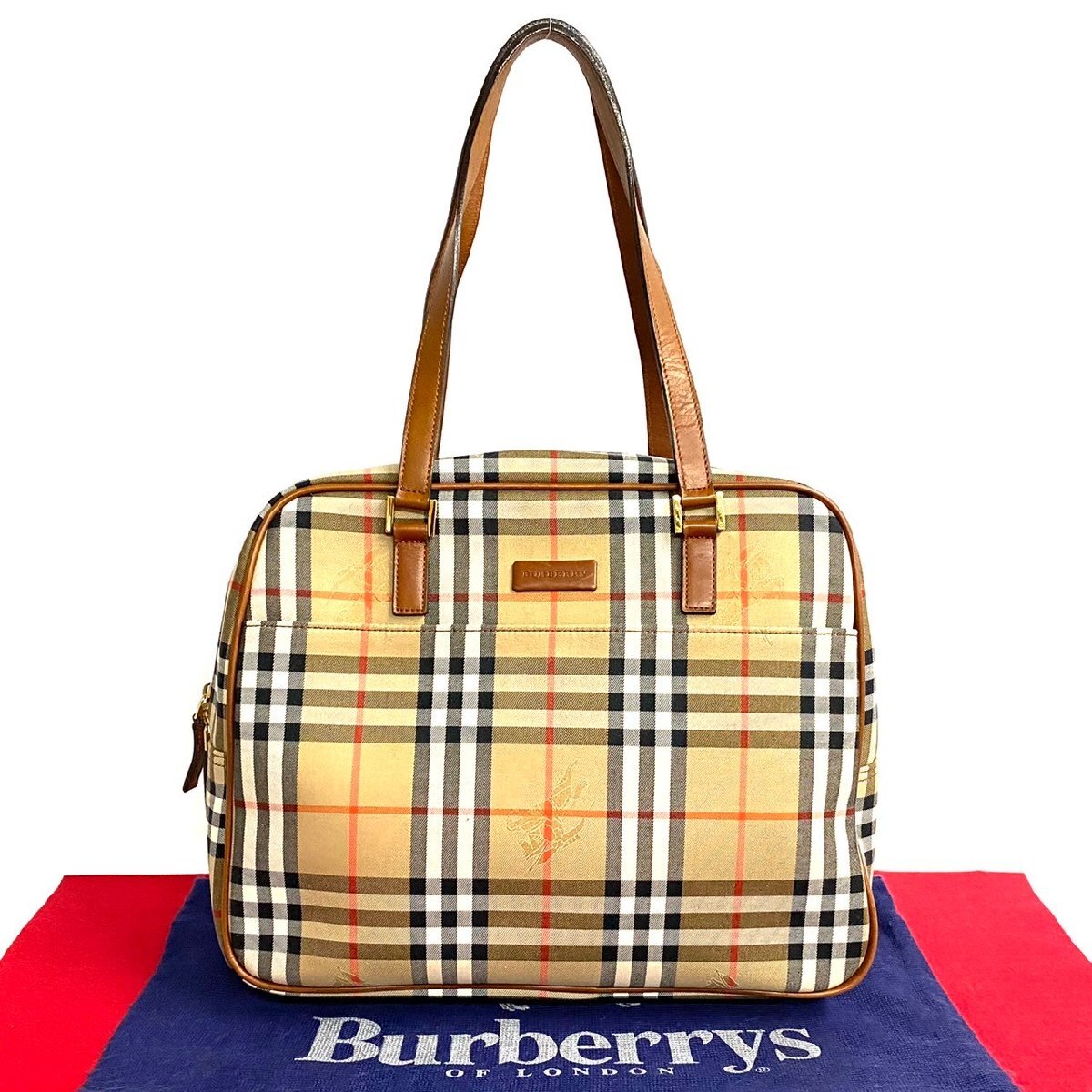 ほぼ未使用 BURBERRY バーバリー ノバチェック シャドーホース ロゴ キャンバス レザー 本革 ボストンバッグ トートバッグ ブラウン 06010_画像1