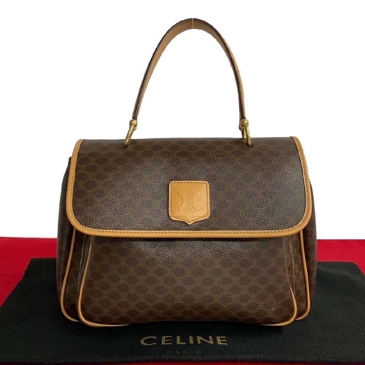 極 美品 CELINE セリーヌ ヴィンテージ マカダム ブラゾン トリオンフ ロゴ レザー 本革 ハンドバッグ ミニ トートバッグ ブラウン 68636_画像1