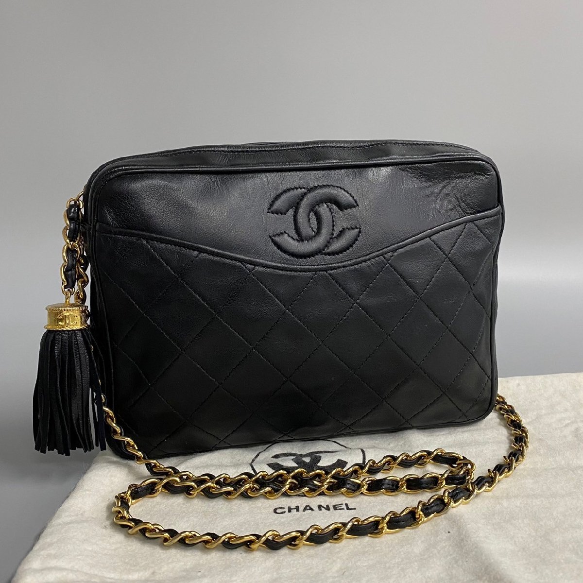 1円 極 美品 袋付き シール有 0番台 CHANEL シャネル ラムスキン マトラッセ フリンジ タッセル チェーン ショルダーバッグ ブラック 47816_画像1