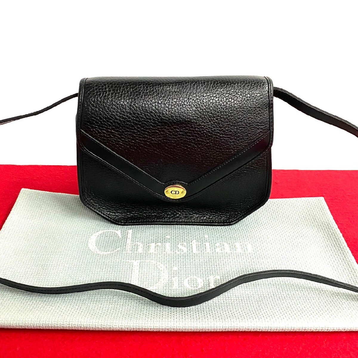 ほぼ未使用 保存袋付 Christian Dior クリスチャンディオール CD ロゴ 金具 レザー ショルダーバッグ サコッシュ ブラック 70199_画像1