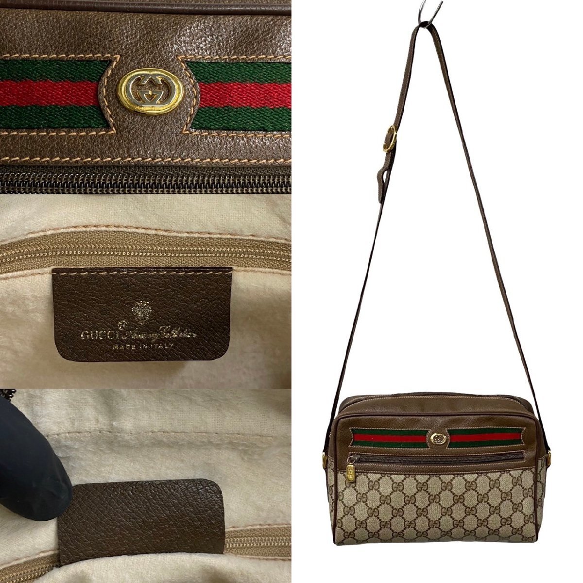 ほぼ未使用 GUCCI グッチ オールドグッチ ヴィンテージ GG ロゴ 金具 シェリーライン レザー ショルダーバッグ ポシェット ブラウン 603-8_画像4