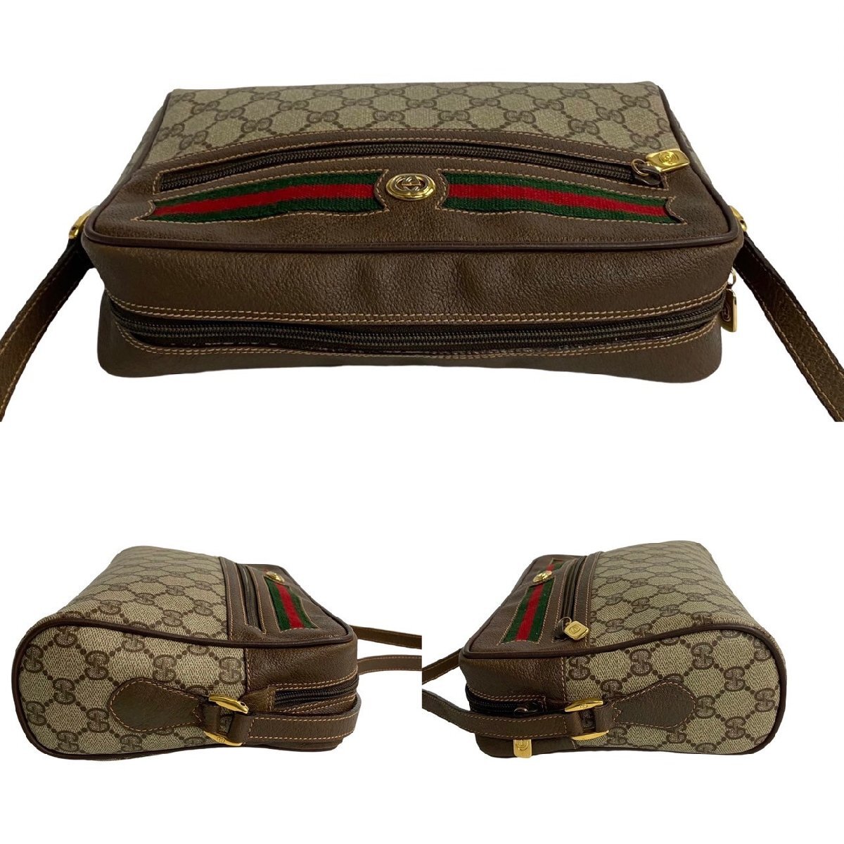 ほぼ未使用 GUCCI グッチ オールドグッチ ヴィンテージ GG ロゴ 金具 シェリーライン レザー ショルダーバッグ ポシェット ブラウン 603-8_画像6