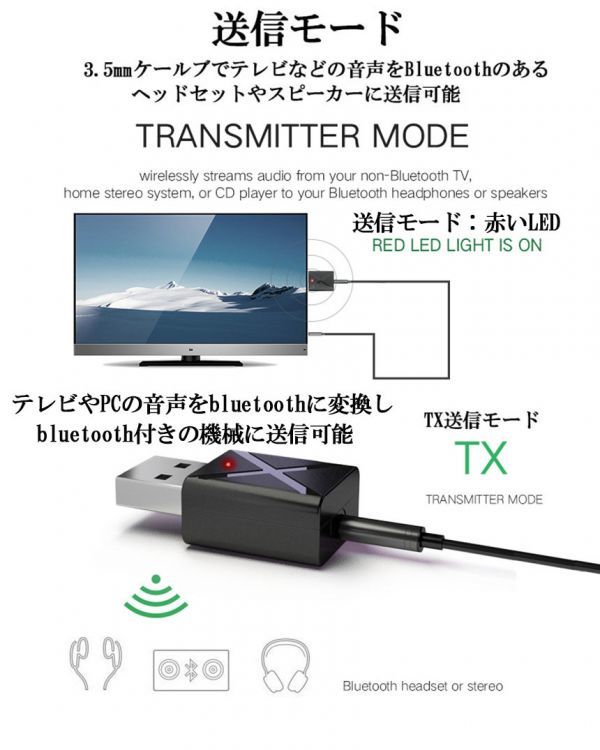 即納 Bluetooth5.0 トランスミッター レシーバー 1台2役 送信機 受信機 無線 ワイヤレス 3.5mm オーディオスマホ テレビ TXモード輸 KN320の画像4