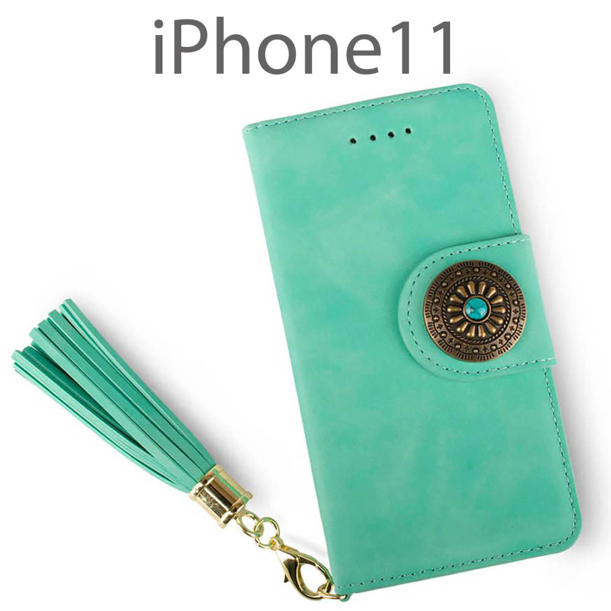 iPhone11 ケース 手帳型 おしゃれ iPhone 11 カバー 鏡付 ストラップ付 かわいい アイフォン11 かがみ グリーン 緑 コンチョ 送料無料 安いの画像1