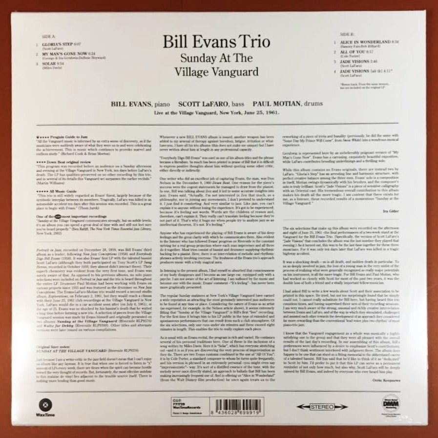 未開封＆送料500円 ●美品● EU盤 高音質180g重量盤 ビル・エヴァンス Bill Evans Sunday At The Village Vanguard 1LP レコードの画像2